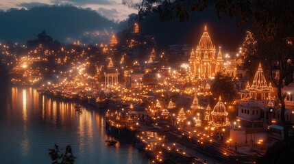 Naklejka premium A city illuminated by Diwali lights, with temples and homes glowing in the dark