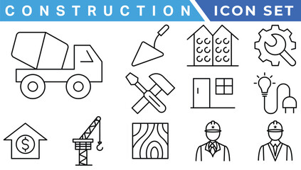 construction simple line isolated icon collection. Editable Stroke. Repair, Renovation, Work Tools, Materials