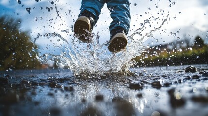 A child jumps in a puddle, creating splashes under a cloudy sky.