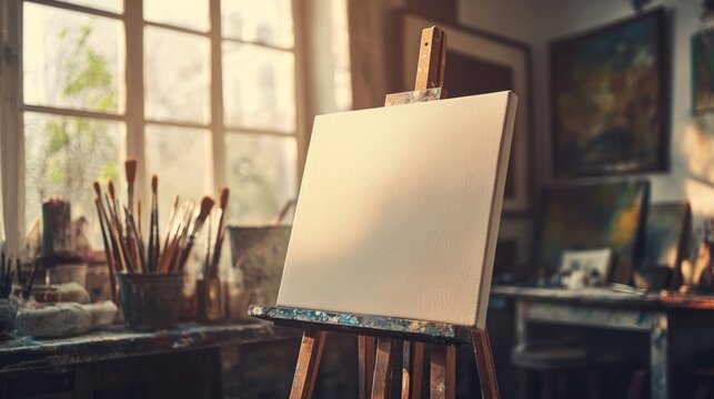 Artistic equipment in a artist studio: empty artist canvas on wooden easel and paint brushes