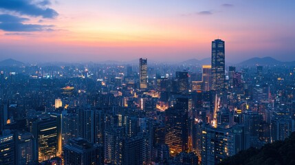 Obraz premium A vibrant city skyline at dusk, showcasing urban lights and towering buildings.