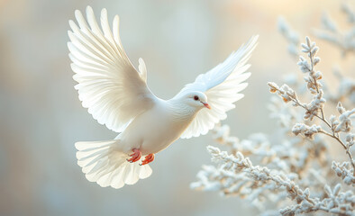 Obraz premium A white dove is flying in the air with its wings spread wide. Concept of freedom and peace, as the bird soars through the sky
