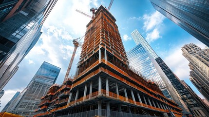 Fototapeta premium A tall construction site surrounded by skyscrapers under a cloudy sky.