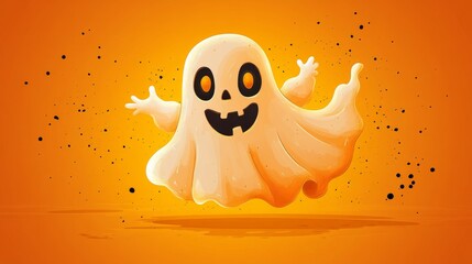 Obraz premium Halloween ghost, cute illustration of floating white ghost on orange background. Celebration. October. Trick or treat.
