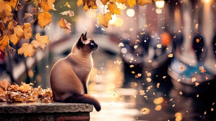 A Siamese cat sits gracefully at the edge of a canal in Venice, watching people and boats pass by as golden autumn leaves drift in the gentle sunlight