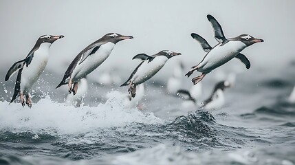 Obraz premium A group of penguins diving into the icy waters of the Southern Ocean 