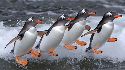 Obraz premium A group of penguins diving into the icy waters of the Southern Ocean 