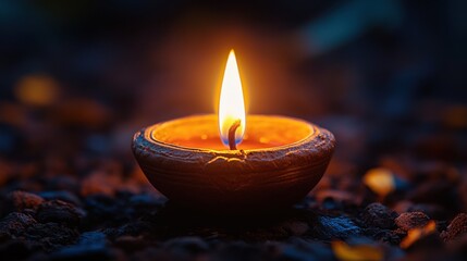A close-up of a Diwali flame glowing brightly in a traditional lamp, surrounded by darkness