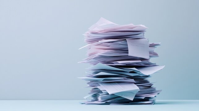 A disorganized stack of papers, suggesting clutter or workload.
