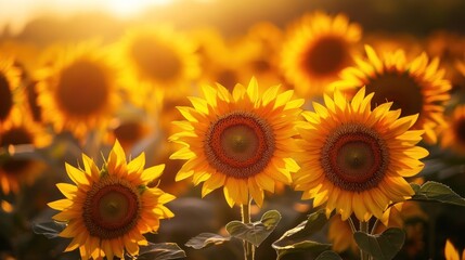 Fototapeta premium A vibrant field of sunflowers illuminated by warm sunlight during golden hour.