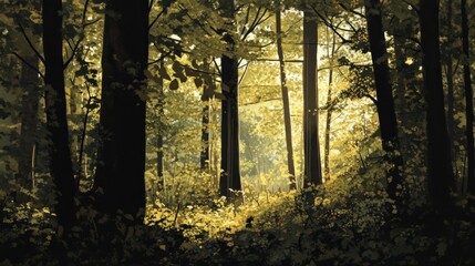 Fototapeta premium Sunlight Filtering Through Trees in a Dense Forest