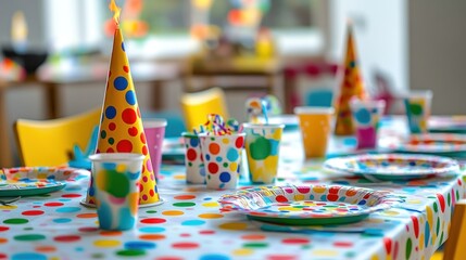 A festive table set for a celebration with colorful decorations and party supplies.