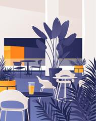 Interior of a food court in a shopping center. Laconic and cozy design with modern interior elements. Minimalistic design of the recreation area with tropical plants. Vector hand drawn illustration