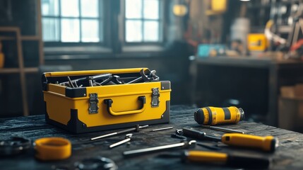 A creative business card features a yellow toolbox overflowing with various tools on a workbench in a workshop environment