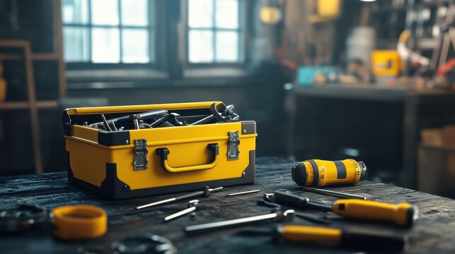 A creative business card features a yellow toolbox overflowing with various tools on a workbench in a workshop environment