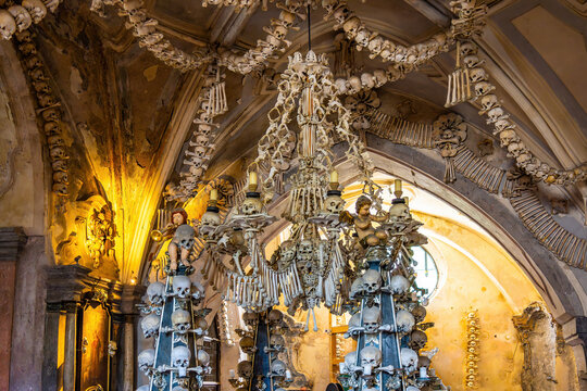 Kutn&aacute; Hora, Czech Republic - May 29, 2024: Sedlec Ossuary, a small Catholic chapel under the church of All Saints Cemetery that contains the skeletons of between 40,000 and 70,000 people