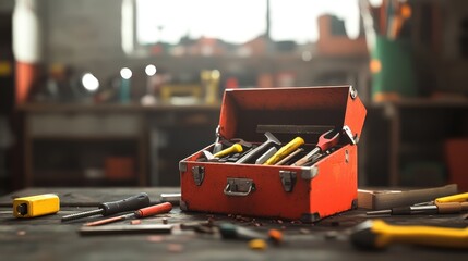 A vibrant business card design showcases a toolbox spilling over with various tools in a well-organized workshop environment