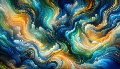 Fototapeta premium A vibrant abstract composition of swirling liquid paint in shades of blue, green, and gold. The colors blend and flow into each other, creating a sense of movement and depth