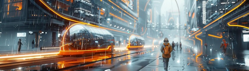 A dynamic scene with logistics professionals using sustainable urban freight solutions in a futuristic city setting, ultrarealistic, 4K quality