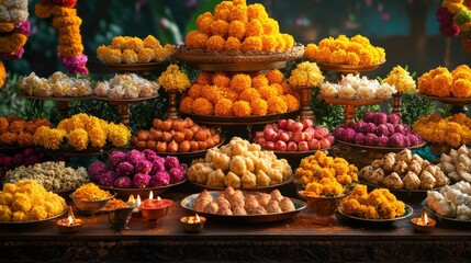 A colorful display of laddus, arranged artistically with marigold flowers and diyas
