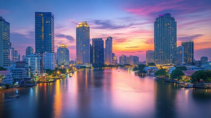 Fototapeta premium A vibrant city skyline at sunset reflecting on a river, showcasing urban beauty and tranquility.