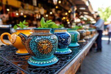 Fototapeta premium A vibrant marketplace in Morocco, with colorful teapots and tea vendors offering mint tea in small, intricately designed glasses