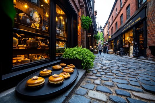 A vintage tea shop in a cobblestone alley, where the scent of freshly brewed tea and baked goods entices passersby