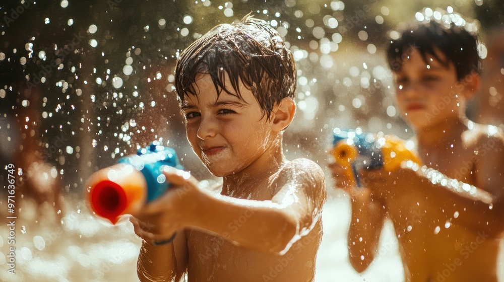 Poster Two children play with water guns, enjoying a fun day in a splash-filled environment.