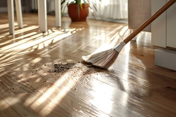 high angle shot of a broom sweeping dirt off a hardwood floor in a clean and organized home setting.