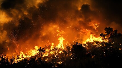 A dramatic wildfire engulfing a hillside, showcasing the intensity of flames and smoke.