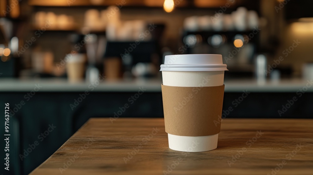 Poster A coffee cup on a wooden table in a café setting, suggesting a moment of leisure.