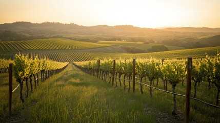 Fototapeta premium A scenic vineyard landscape at sunset with rows of grapevines and rolling hills.