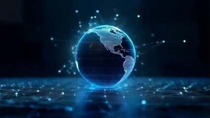 Animation of spinning globe of Earth planet on dark blue background. - Powered by Adobe