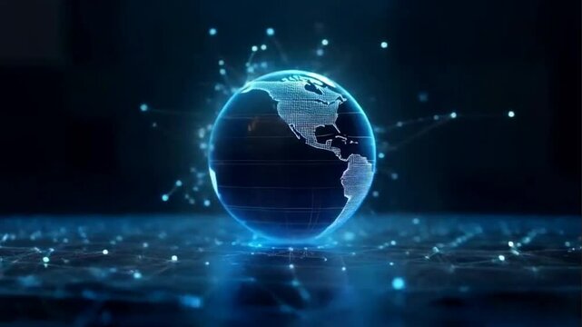 Animation of spinning globe of Earth planet on dark blue background.
