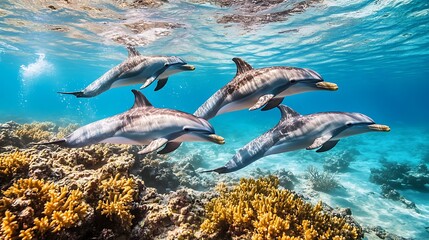 Obraz premium A group of playful dolphins swimming through a coral reef