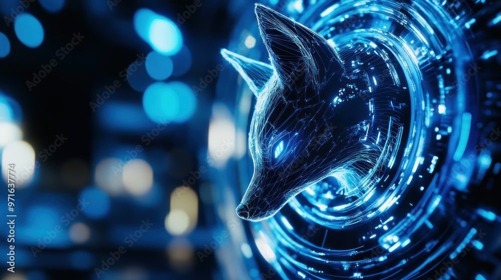 Sticker A futuristic fox head surrounded by glowing digital elements and a circular interface.