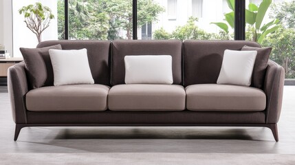 Fototapeta premium The stylish living room features a black French sofa with white pillows and beige cushions, warmly illuminated by dawn through large windows, highlighting luxury and comfort