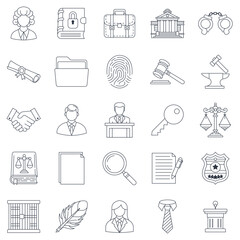 Legal Services icons set, Included icons as Cuffs, Magnifying Glass, Law Book, Judge and more symbols collection, logo isolated vector illustration