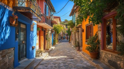 Fototapeta premium A vibrant street scene with colorful buildings and cobblestone path, inviting exploration.