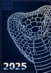 Dark blue greeting card for 2025 Lunar New Year or Christmas, celebrating the Year of the Snake. Invitation poster with silver linear head of King Cobra snake (Chinese horoscope sign)