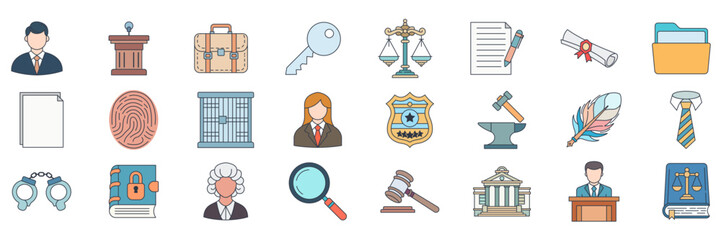 Legal Services icons set, Included icons as Cuffs, Magnifying Glass, Law Book, Judge and more symbols collection, logo isolated vector illustration