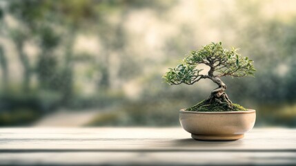A small bonsai tree in a pot, symbolizing nature and tranquility in a serene setting.