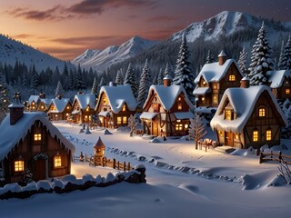 Fototapeta premium City houses on a vintage Christmas card, cute fairytale houses on a retro card or invitation for New Year or Christmas