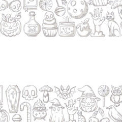 Halloween minimalist square poster, space for text in the middle. Colorful bottom and upper frame with spooky, scary gray icons, skull, ghost, pumpkin. For card, banner, invitation, social media