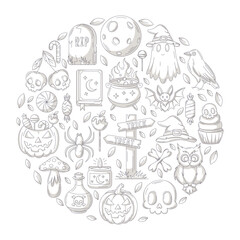 Halloween vector design, round shape geometric composition with spooky, scary icons collection. Monochrome october flat gray illustration for greeting card, invitation, print, social media, poster