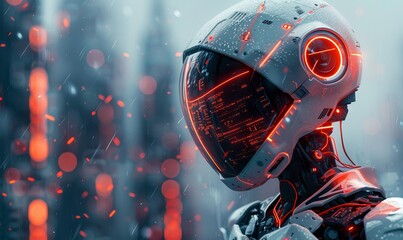 robot using cyber security to protect information privacy. Futuristic concept of cybercrime prevention by artificial intelligence and machine learning process.