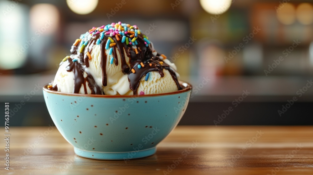 Wall mural A bowl of ice cream topped with chocolate sauce and colorful sprinkles.