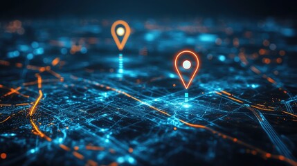 Digital Map with Location Pins. AI generated illustration