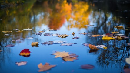 A serene autumn scene with colorful leaves floating on a calm water surface.