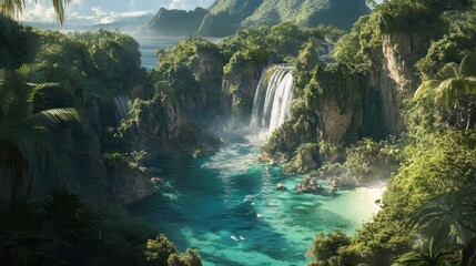 Tranquil Tropical Paradise with Waterfall